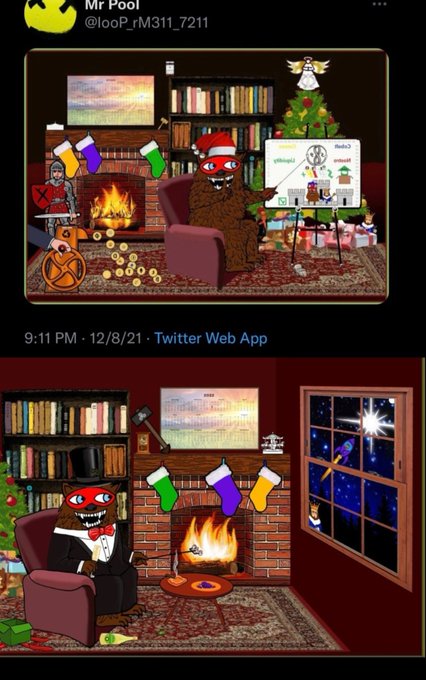A tweet from Mr Pool (@looP_rM311_7211) posted on 12/8/21 showing two digital illustrations of a furry character in festive holiday settings, with the top image featuring the character watching a TV while wearing a Santa hat.