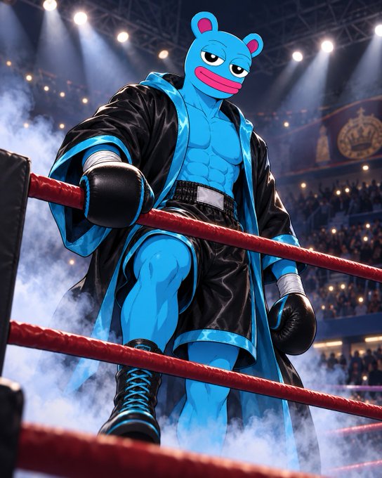 A muscular blue cartoon bear character wearing a black boxing robe, gloves, and boots stands dramatically in a wrestling ring under spotlights with smoke effects and a crowd in the background.