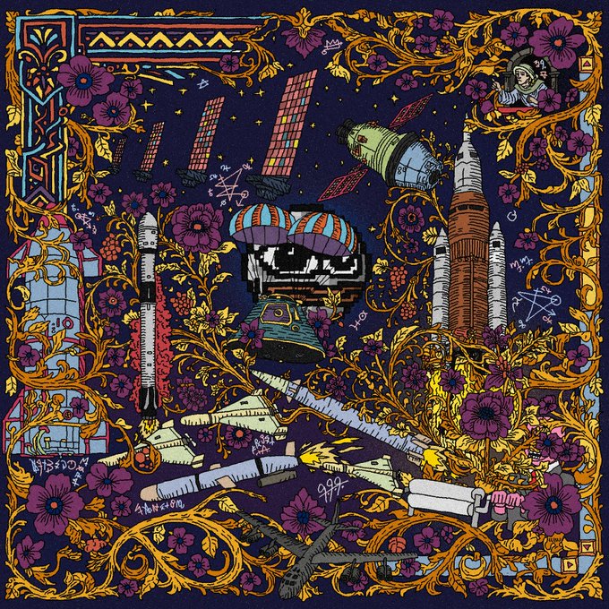 An intricate, colorful, tapestry-like illustration featuring pixel art elements, flowers, rockets, tanks, and an astronaut in a dark purple and gold setting.