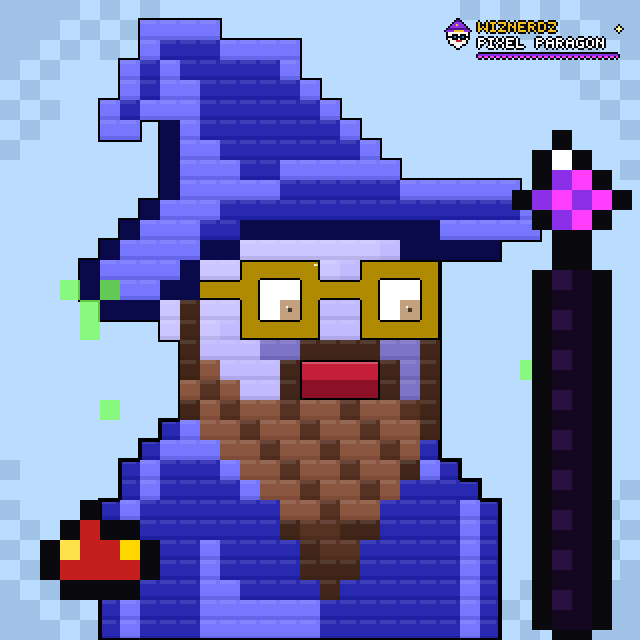 A pixel art illustration from 'Mizhero Pixel Paragon' depicts a wizard with a brown beard, yellow glasses, and a blue pointed hat, holding a black staff with a pink gem.