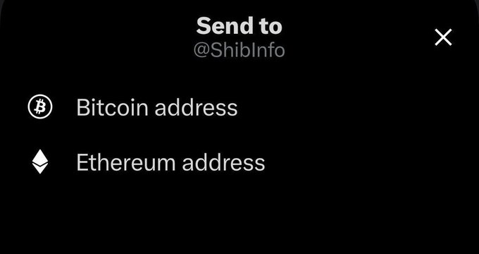 A digital interface screen titled 'Send to @ShibInfo' with options to input a Bitcoin address or Ethereum address.