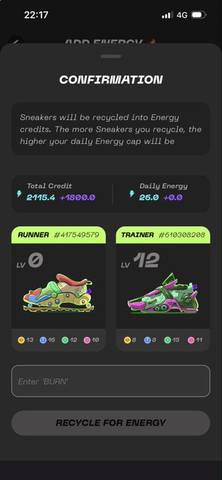 A STEP'N app confirmation screen for recycling sneakers into Energy credits, showing Total Credit of 2415.4 (+1500.0) and Daily Energy of 26.0 (+5.0), with options to 'BURN' a Runner sneaker or Trainer sneaker.