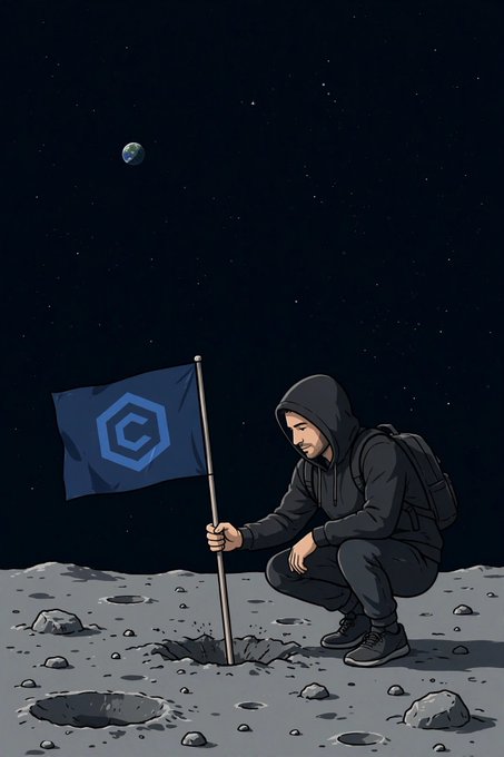 A hooded figure plants a blue flag bearing the Cronos (CRO) hexagon logo into the lunar surface, symbolizing the "crypto to the moon" sentiment referenced in the post about $CRO's anticipated surge. The image reinforces the bullish message by depicting a determined astronaut staking a claim for the "crofam" community on the moon.