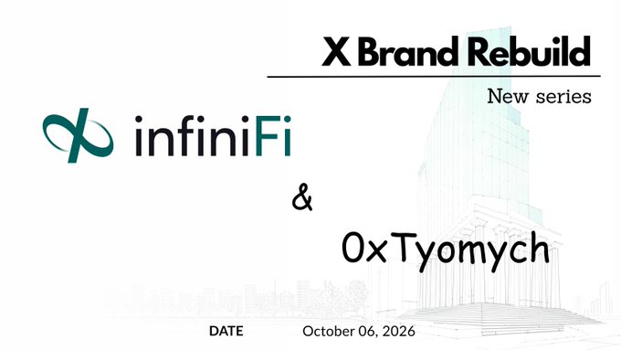 A graphic titled 'X Brand Rebuild' announcing a new series featuring infiniFi and OxTyomych, dated October 06, 2026, with a faint image of a modern glass building in the background.