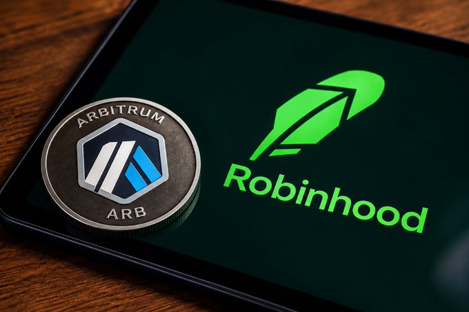 A physical 'ARBITRUM ARB' cryptocurrency coin sits next to a smartphone displaying the green Robinhood logo.
