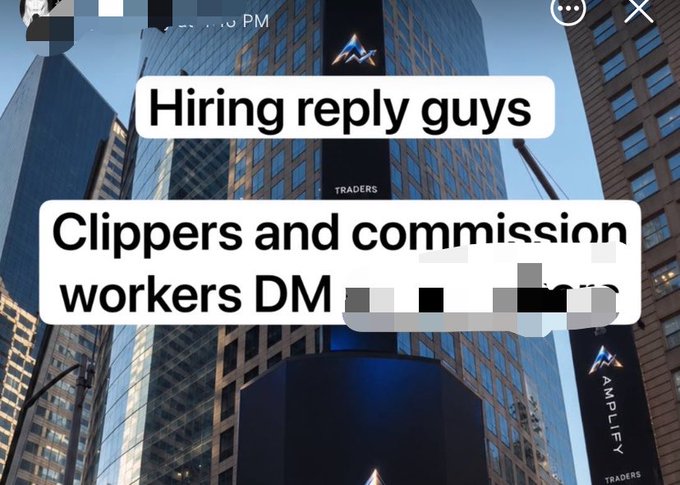 A Snapchat or Instagram story screenshot set against a city skyline with the Amplify Traders logo, featuring messages that read 'Hiring reply guys' and 'Clippers and commission workers DM'.