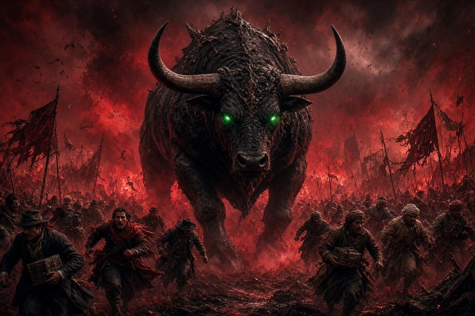 A dark, fantasy digital illustration of a giant bull with glowing green eyes and large horns charging through a red, smoky battlefield with soldiers and flags in the foreground.