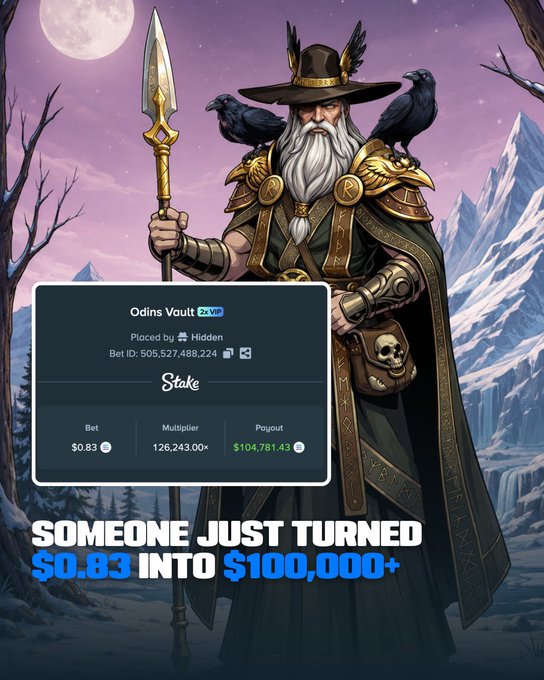 A dramatic Norse god-style illustration with ravens and a spear serves as the backdrop for a Stake.com betting slip from "Odins Vault," showing a $0.83 bet with a 126,243.00x multiplier resulting in a $104,781.43 payout. Bold text reads "SOMEONE JUST TURNED $0.83 INTO $100,000+," highlighting the unbelievable win featured in the post.