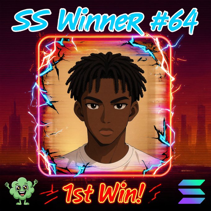 A vibrant digital graphic celebrating "SS Winner #64" with "1st Win!" displayed in bold neon text, featuring an anime-style avatar of a young man with dark dreadlocks framed by glowing pink and blue lightning effects, alongside a small green Smurf mascot in the corner to announce the spotlight contest winner @mattro_1.