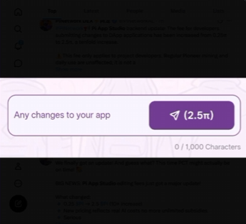 The image displays a Pi Network interface showing an "Any changes to your app" option priced at (2.5π), corresponding to the article's mention of Pi App Studio fees increasing to 30.30 π for app creation and 2.5 π for editing.