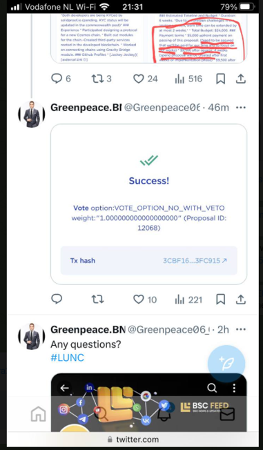 A Twitter screenshot showing a Greenpeace.BI post with a 'Success!' confirmation for a vote on Proposal ID 12068 with the option VOTE_OPTION_NO_WITH_VETO, visible above a subsequent tweet from Greenpeace.BN asking 'Any questions? #LUNC'.