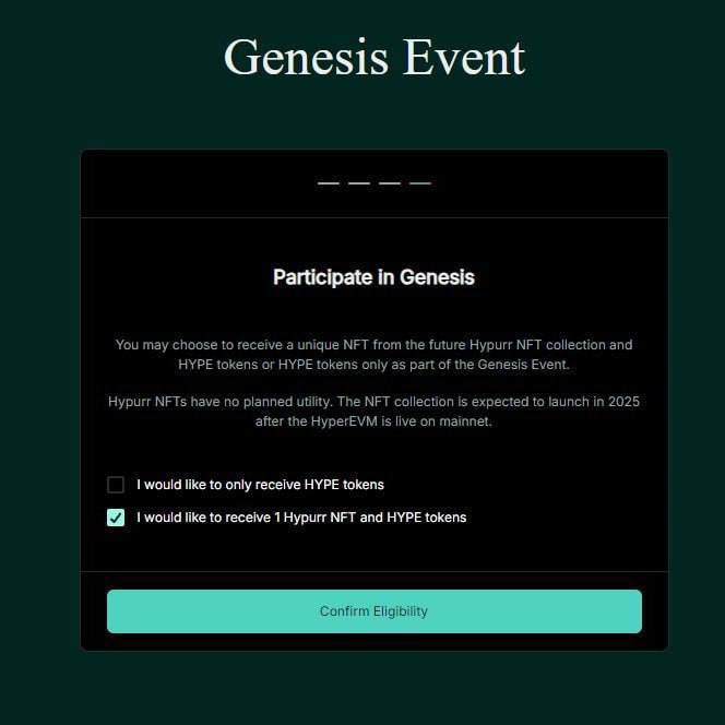 A "Genesis Event" interface for Hyperliquid's Hypurr NFT airdrop is shown, with participants choosing between two options: "I would like to only receive HYPE tokens" (unchecked) and "I would like to receive 1 Hypurr NFT and HYPE tokens" (checked). The image illustrates the post's reference to choosing the NFT option, which later proved to be the more valuable choice compared to HYPE tokens alone.