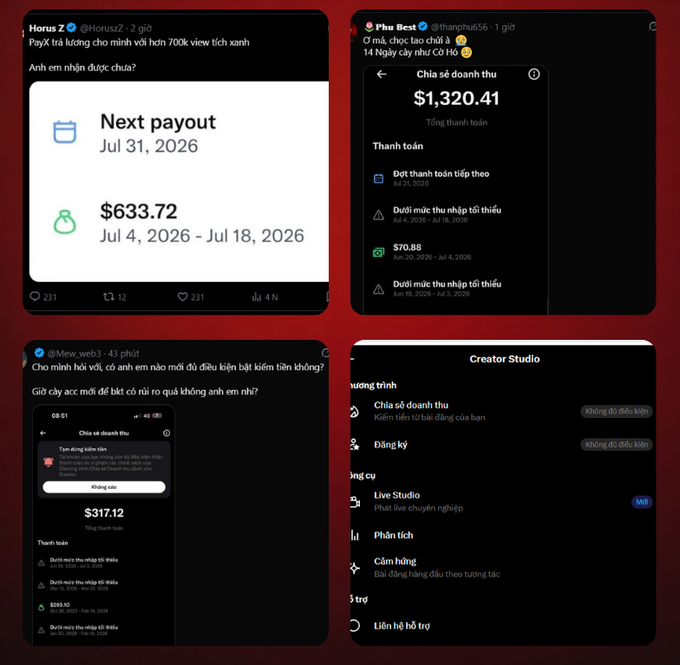 A collage of four Twitter/X posts featuring payout screenshots showing $633.72 and $1,320.41 amounts from Creator Studio revenue sharing, along with user comments in Vietnamese.