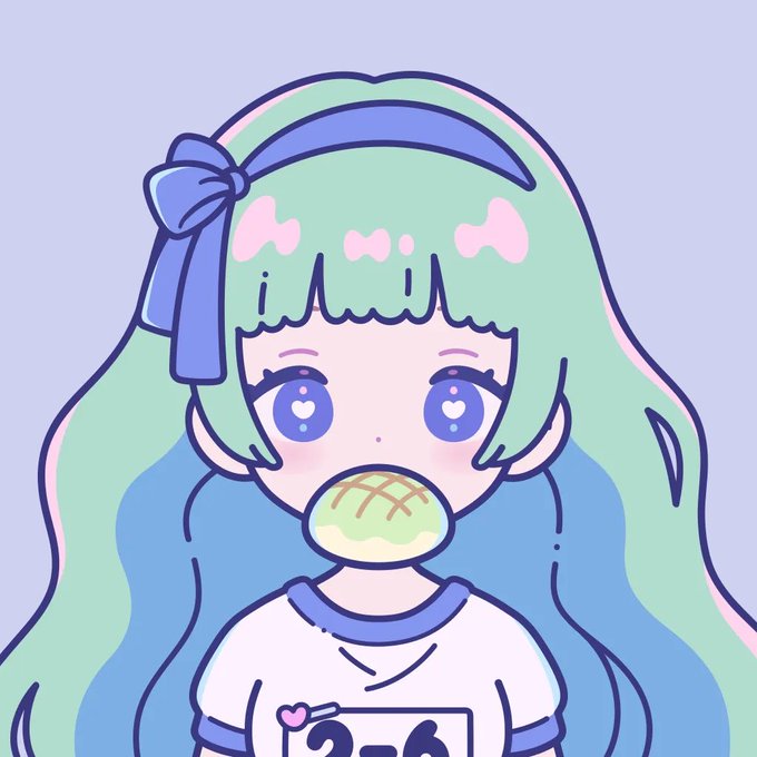 An anime-style digital illustration features a cute character with flowing blue and green hair, a blue headband with a bow, and a green ball in their mouth, wearing a shirt with the number "2-6".