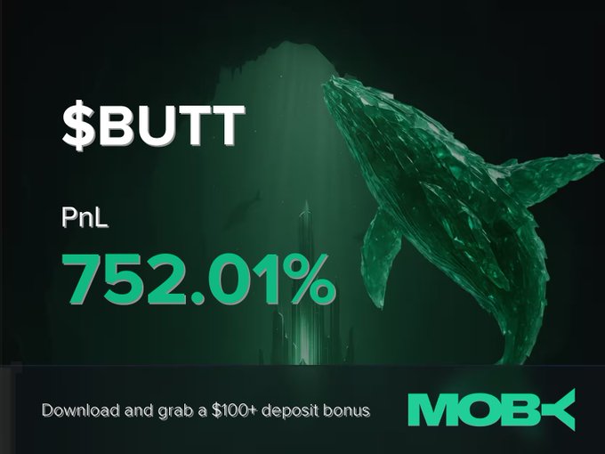 A Moby promotional graphic displays a striking green whale illustration alongside the text "$BUTT" with a PnL of "752.01%" in bright green, accompanied by a call-to-action reading "Download and grab a $100+ deposit bonus" with the Moby logo, highlighting the trader's exceptional 752% profit on the BUTT token position.
