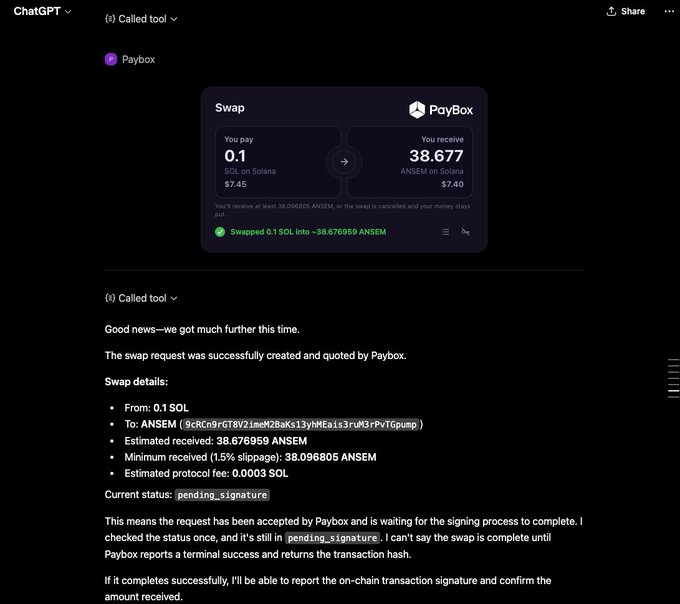 A ChatGPT conversation screenshot showing a successful swap on Paybox, where 0.1 SOL on Solana ($7.45) was exchanged for approximately 38.68 ANSEM tokens ($7.40), with details of the swap request and pending signature status.