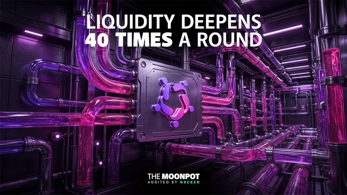 A stylized graphic with pink and purple pipes and machinery, featuring the text 'LIQUIDITY DEEPENS 40 TIMES A ROUND' and 'THE MOONPOT AUDITED BY HACKEN'.