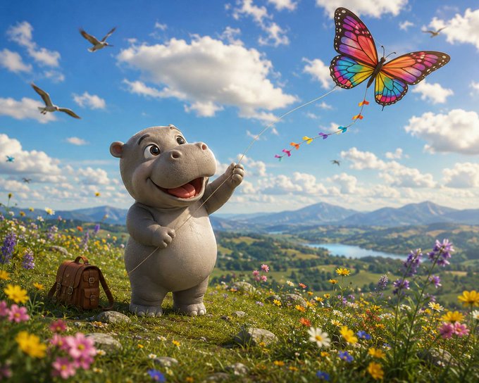 3D-rendered scene of a cute cartoon hippo flying a colorful butterfly-shaped kite in a flowery meadow with mountains and a lake in the background.