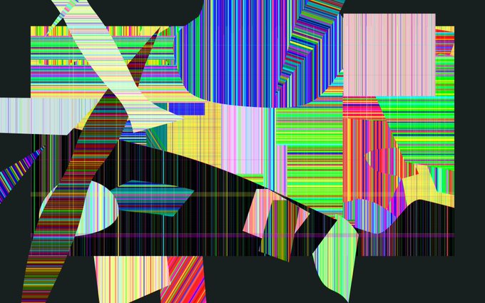 An abstract digital artwork composed of overlapping geometric shapes filled with vibrant, multi-colored vertical lines.
