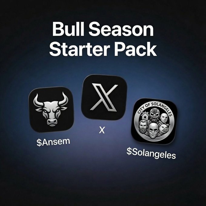 A "Bull Season Starter Pack" promotion displays three icons: a bull logo labeled "$Ansem", the X (Twitter) logo labeled "X", and a "City of Sol Angeles" seal labeled "$Solangeles".