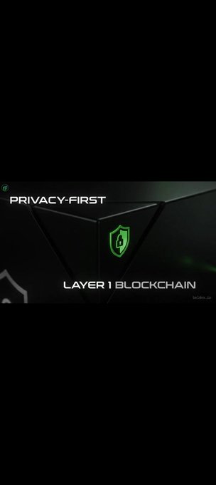 A dark graphic showing a triangular emblem with 'PRIVACY-FIRST' and 'LAYER 1 BLOCKCHAIN' text in green and white.