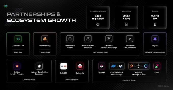 A Beldex ecosystem infographic titled "Partnerships & Ecosystem Growth" highlights key stats: 6,403 Beldex Name Service registered users, 2,935+ active Mastermode users, and 11.47M BDX burned, alongside partner logos like Pancake Swap, Higien, Coindcx, Coinpedia, and Exotix across categories such as wallet updates, community campaigns, and editorial recognition. The image visually supports the poster's observation of the contrast between registered and active user numbers alongside the notable BDX burn figure.