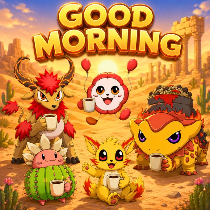 Cartoon 'GOOD MORNING' graphic featuring Pokémon-style creatures (including Chikorita-like, Charmander-like, and Tauros-like characters) holding coffee mugs in a desert setting.