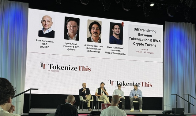 Four panelists, including Alan Konevsky (CEO of tZERO), Igor Kimel (Founder & CEO of SQFT), Anthony Spetznano (Solutions Lead at Centrifuge), and Dave "Dafi" Dave (Head of Growth at Cap), sit on stage at the Tokenize This NYC conference for a discussion titled "Differentiating Between Tokenization & RWA Crypto Tokens," as displayed on the large screen behind them.