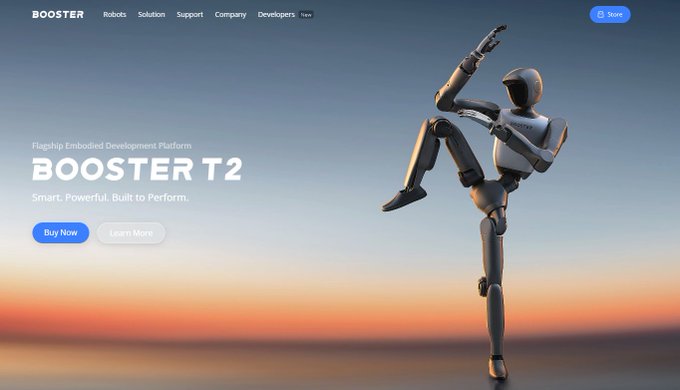 A product website hero section for the Booster T2, described as a 'Flagship Embodied Development Platform' that is 'Smart. Powerful. Built to Perform,' featuring a humanoid robot posed dynamically against a sunset.