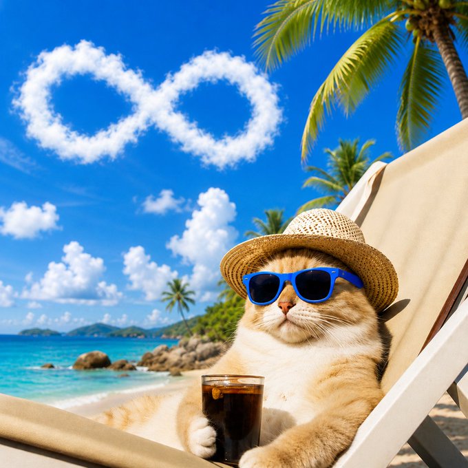 GM ☀️ A cat in sunglasses and a straw hat lounges on a beach chair with a drink, perfectly living the “Busy doing nothing” vibe.