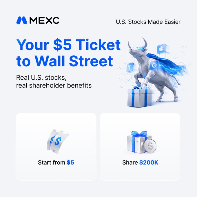 A MEXC promotional advertisement features a bull mascot wearing a blue cape standing on a gift box, with the headline "Your $5 Ticket to Wall Street" and tagline "U.S. Stocks Made Easier" promoting their RealStocks service that lets users start investing from $5 with a chance to share $200K in rewards.