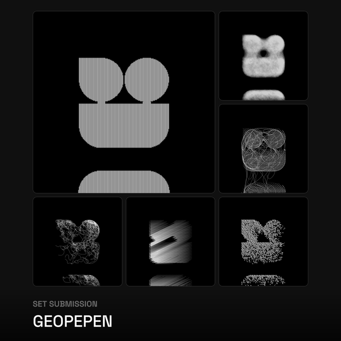 A digital art set submission titled 'GEOPEPEN' displays multiple monochromatic, textured logo variations on a dark background.