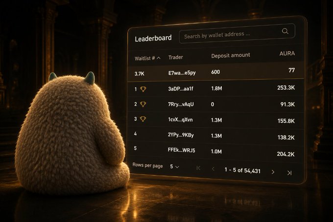 A fluffy beige monster character viewing a 'Leaderboard' screen showing trader wallet addresses, deposit amounts, and AURA rankings, with '1 - 5 of 54,431' at the bottom.