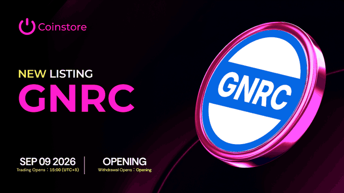 Coinstore announces the GNRC/USDT trading pair listing, with trading opening on September 9, 2026 at 15:00 UTC+8, as shown on the promotional graphic featuring the Coinstore logo and a stylized GNRC token badge.