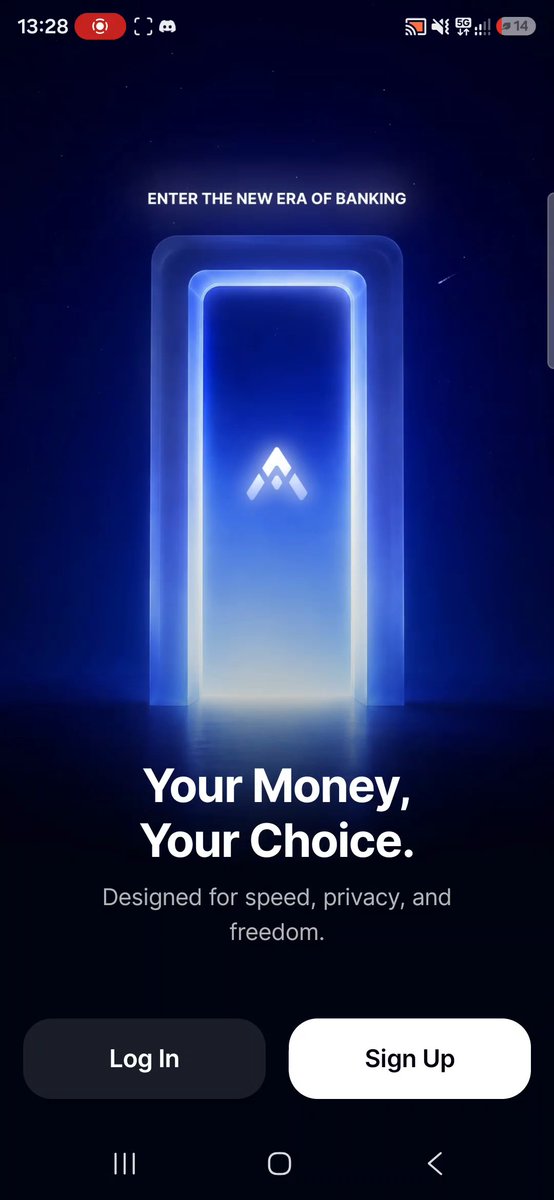 A mobile app welcome screen with a glowing blue portal and the text 'ENTER THE NEW ERA OF BANKING' and 'Your Money, Your Choice', featuring Log In and Sign Up buttons.