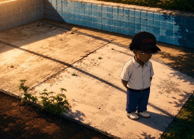 An anime-style illustration of a young boy wearing a cap with 'CSAVY' written on it, standing in an empty tiled pool with plants growing from cracks in the concrete.