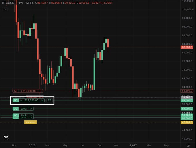 A weekly Bitcoin (BTCUSDT) chart on Weex showing a trade entry at $58,267.65 using a pyramiding strategy, with multiple limit orders at $56,000, $52,000, and $47,000—demonstrating the post's method of scaling into a position across a support zone.