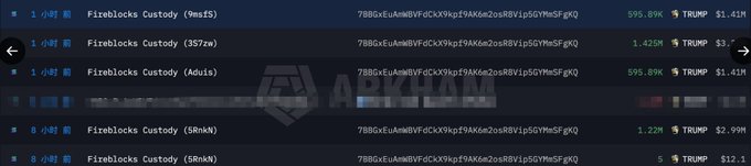 The image shows a list of "Fireblocks Custody" transactions for the $TRUMP token on the OKX exchange, with quantities ranging from $1.41M to $12.1M across wallets labeled "WmiFS," "357zw," "Adulis," and "SRnkh." The post references this as potential evidence that the Trump team is using OKX, suggesting they swap $TRUMP for $OKB instead.