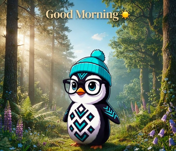 An illustrated cartoon penguin wearing glasses and a teal winter hat stands in a sunlit forest, with "Good Morning ☀️" displayed at the top.