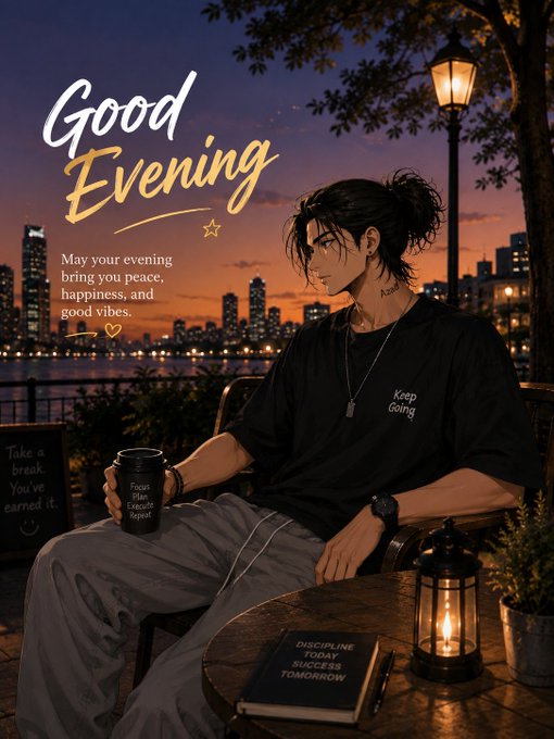 An animated illustration of a young man with dark hair sitting at a café at sunset with a city skyline in the background, holding a mug, with text 'Good Evening' and 'May your evening bring you peace, happiness, and good vibes.'