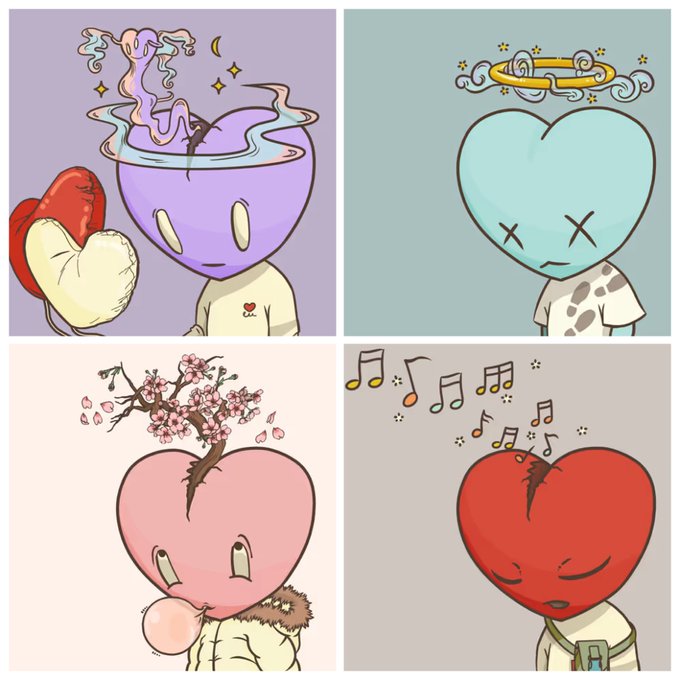 Image 2: A four-panel comic illustration featuring different heart-headed characters: a purple one with boxing gloves and a cracked head, a blue one with a halo and X eyes, a pink one with a cherry blossom tree growing from its head, and a red one with musical notes.