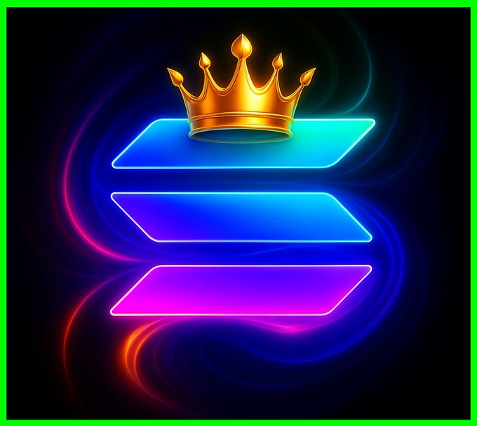A glowing golden crown rests atop three stacked neon-colored planes, symbolizing Solana's reign and progression, with the post marking the network's milestone of reaching Epoch 1,000 and reflecting on its journey from the 2017 Proof of History whitepaper through NFT mania and the FTX collapse.