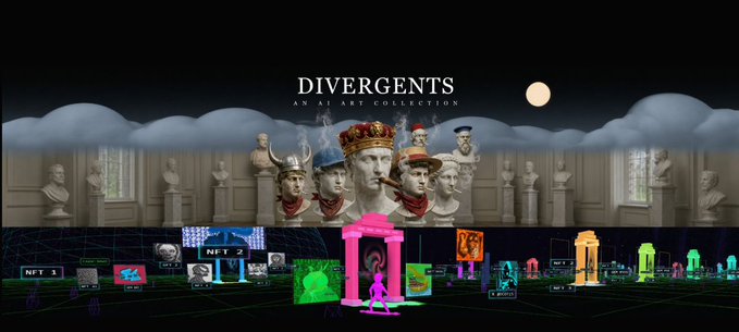 A promotional banner for the "Divergents" AI art collection features a dramatic display of classical busts and digital artwork above a neon-lit gallery floor, showcasing NFT collections including @RobinHoodSMoker and @Divergents_eth alongside their mint supply details.