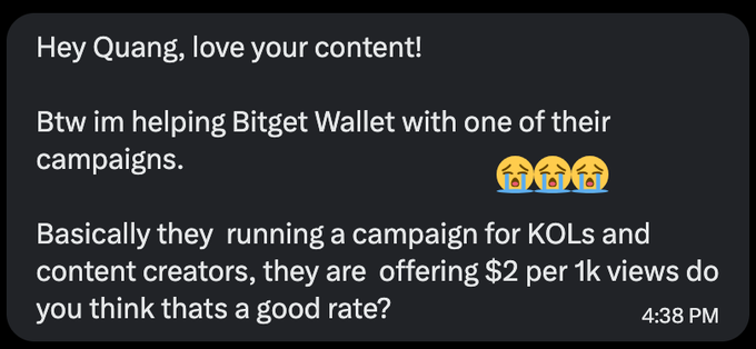 The image shows a text message or email from someone named Quang, who has written an email to a potential client. The email contains three emojis representing different types of content creators, such as a video creator (Moss AI), a social media creator (Sui), and a podcast creator (Flashcastsocial). The message also mentions that the content creator is offering $2 per 1KLs for their services.