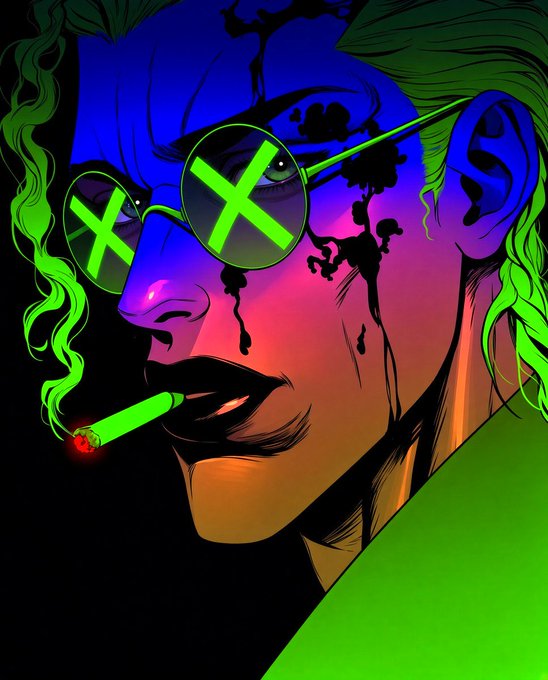 A stylized comic book illustration of a character with green hair wearing sunglasses marked with bright green X's, smoking a glowing cigarette against a dark background.