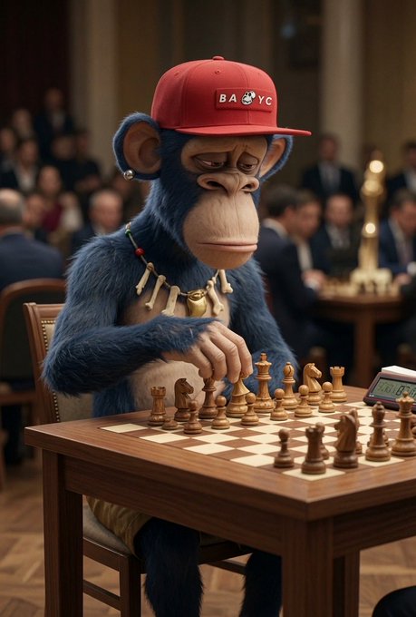 A blue-furred Bored Ape character wearing a red "BAYC" cap sits at a wooden table intensely focused on a chess game, hand reaching to move a piece past a digital chess clock, with a crowd of spectators blurred in the background. The scene matches the post's description of a chess grandmaster final, capturing the character's concentrated stare and precise hand movement mid-match.
