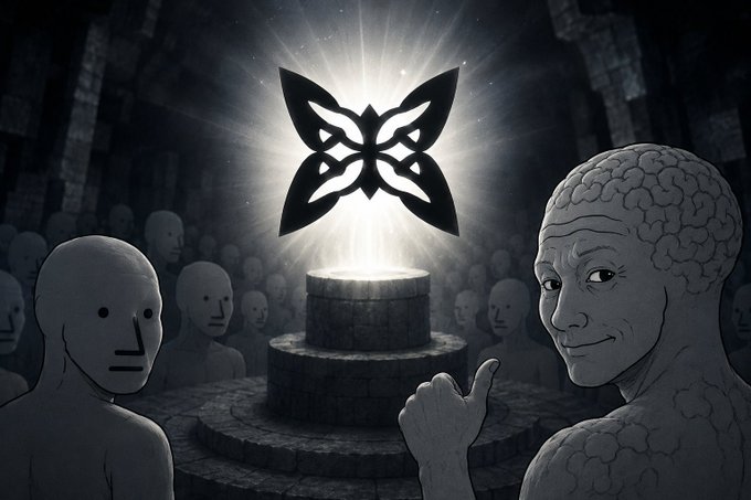 The image features two people standing next to each other, with one person holding up their hand as if giving an explanation or demonstration related to the butterfly symbol. The butterfly symbol is located at the center of the image, surrounded by a group of people who appear to be engaged in conversation around it. This scene suggests that the butterfly symbol might have some significance or meaning within the context of the post about @quipnetwork.