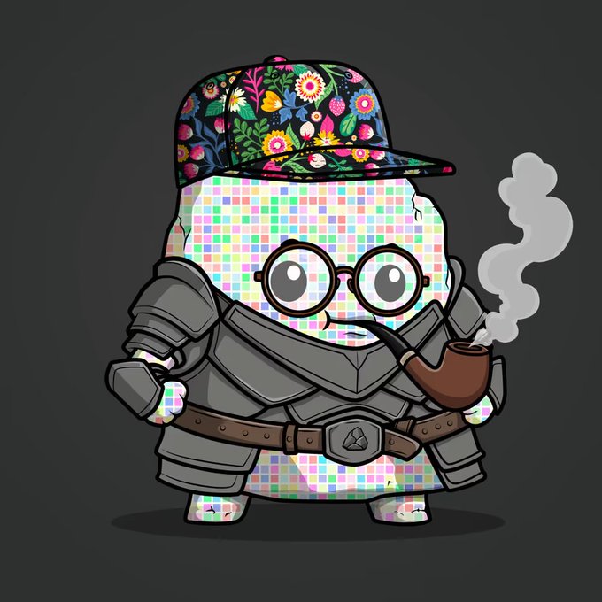 A cartoon character with a pixelated, mosaic-patterned body wearing a floral snapback hat, round glasses, gray armor, and smoking a smoking pipe.