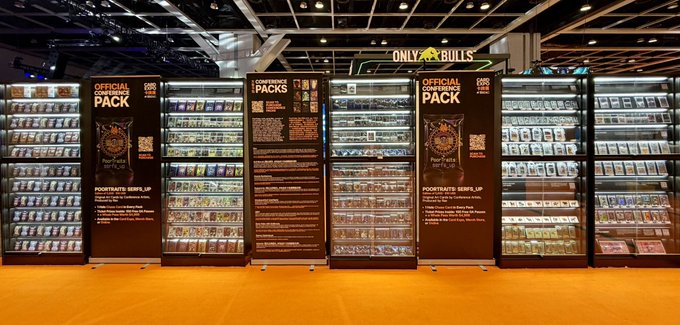 A retail display area featuring 'OFFICIAL PACKS' showcases at an 'ONLY BULLS' store, with various trading card products visible on shelves.