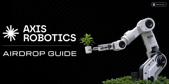 A promotional graphic for "AXIS ROBOTICS AIRDROP GUIDE" featuring a sleek white robotic arm holding a small potted plant against a dark background, with the @airdropalrs handle visible in the corner. The image visually reinforces the post's message about Axis Robotics building tangible, real-world robotic technology rather than abstract crypto projects, symbolizing the practical, utility-focused nature of the project during a recovering market.